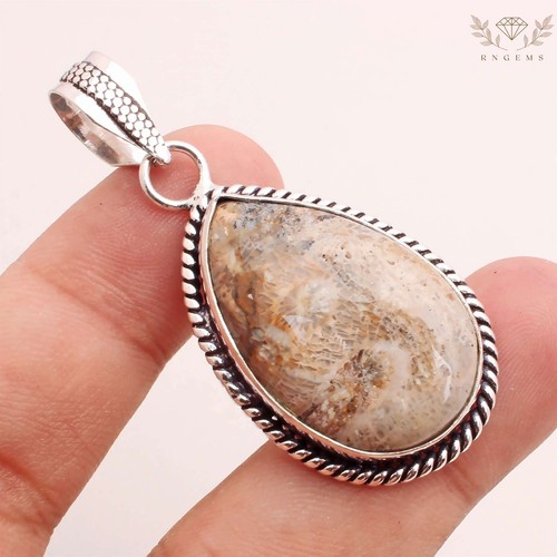 Fossil coral gemstone - fossil, silver